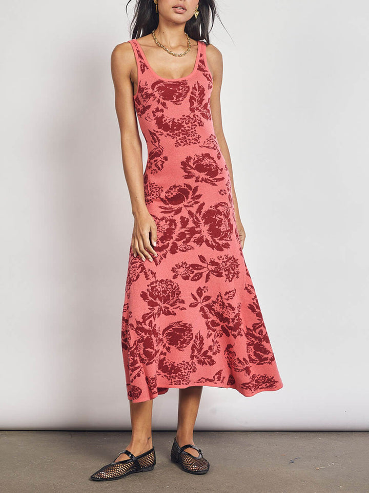 Refined Scoop Rose Printing Neck Midi Dress