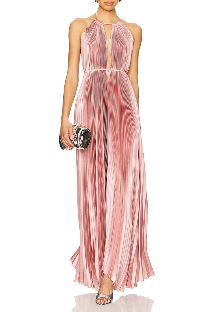 Bohemian Pleated Halter Neck Backless Tie-Waist Maxi Dress