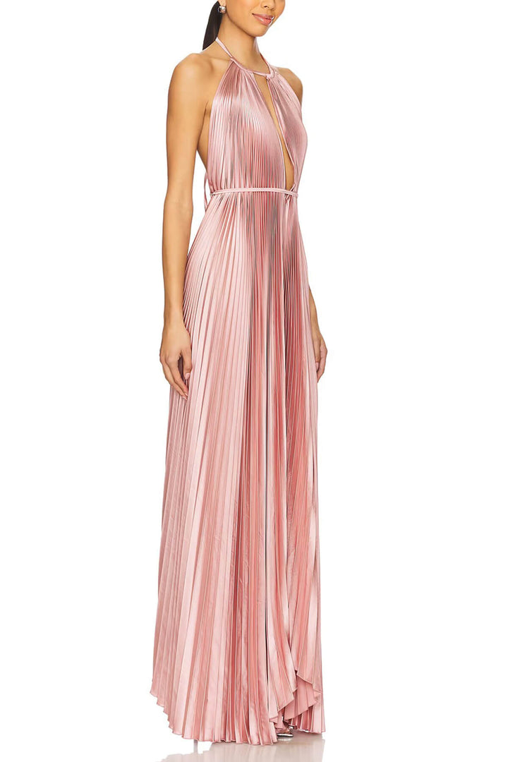 Bohemian Pleated Halter Neck Backless Tie-Waist Maxi Dress