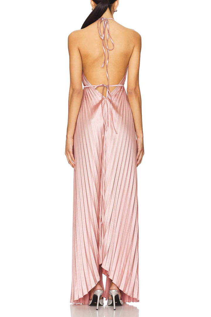 Bohemian Pleated Halter Neck Backless Tie-Waist Maxi Dress