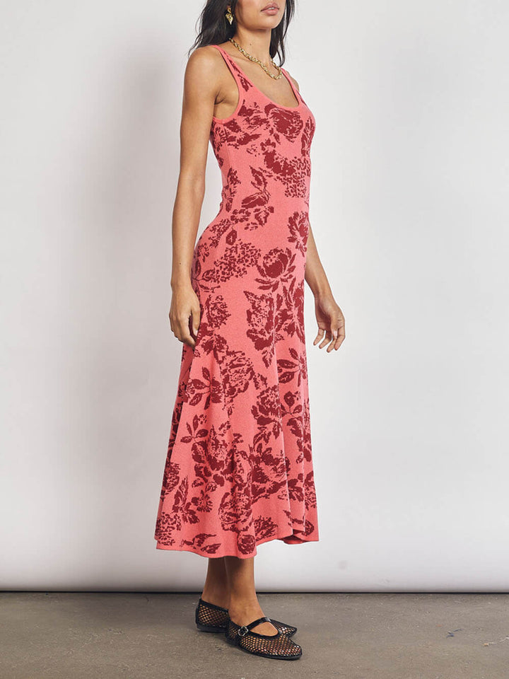 Refined Scoop Rose Printing Neck Midi Dress