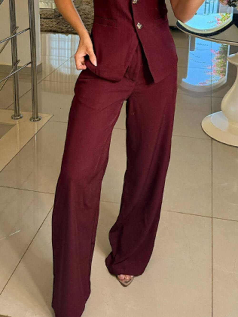 Perfect Charm Elegant Solid Pocket Wide-Leg Pants