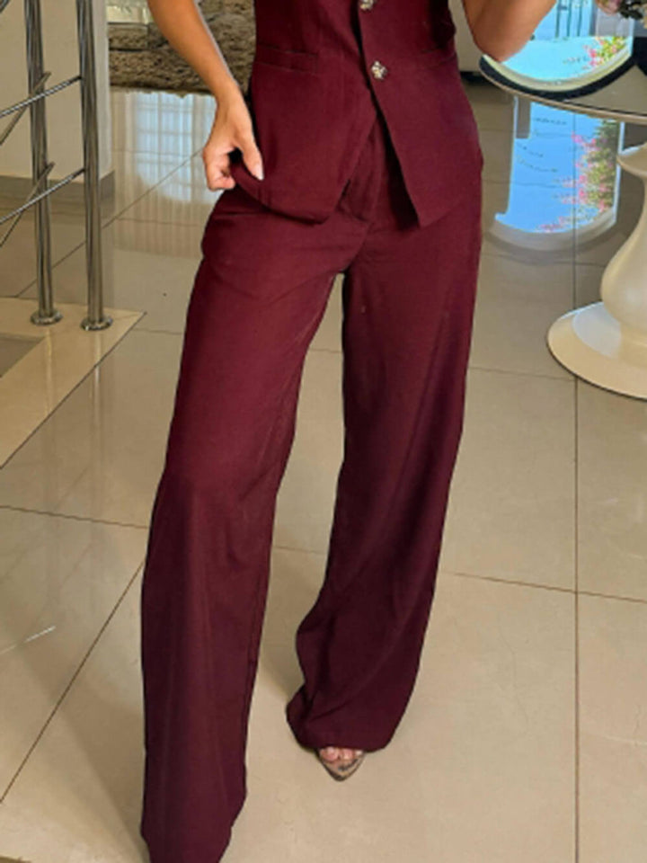 Perfect Charm Elegant Solid Pocket Wide-Leg Pants