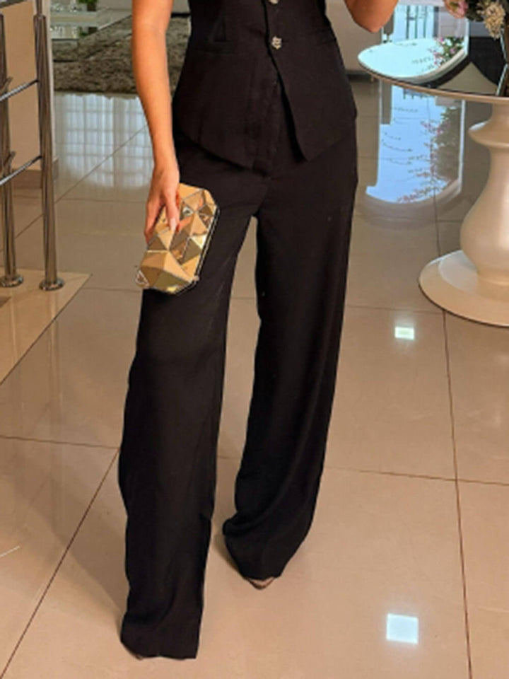 Perfect Charm Elegant Solid Pocket Wide-Leg Pants