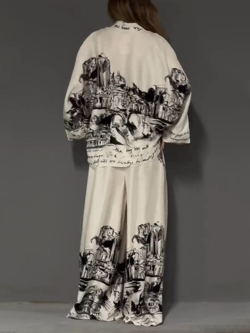 Architectural Print Satin Shirt And Pants Two-Piece Set