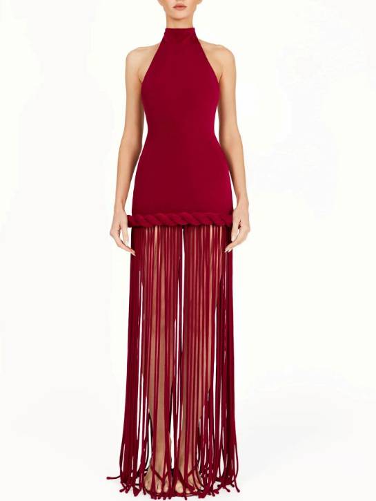Halter Neck Backless Tassel Design Maxi Dress