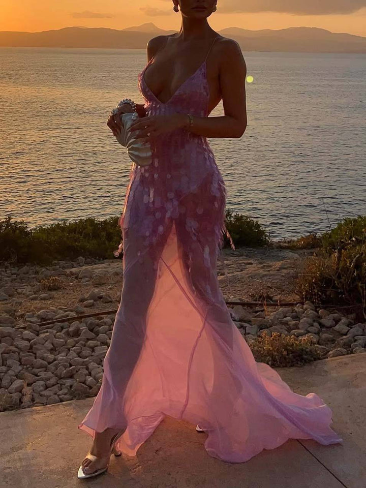 V-neck Backless Sequined Fishtail Maxi Dress