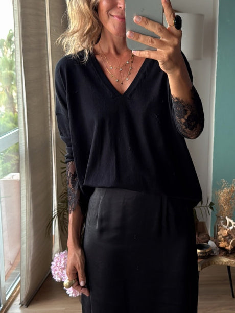 Elegant V-neck Lace Sleeve Knitted Top And Skirt Two-piece Set