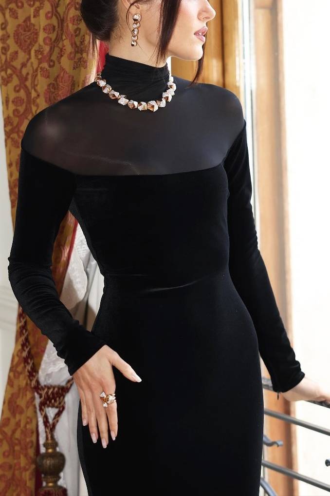 Velvet Splicing Perspective Tulle Maxi Dress