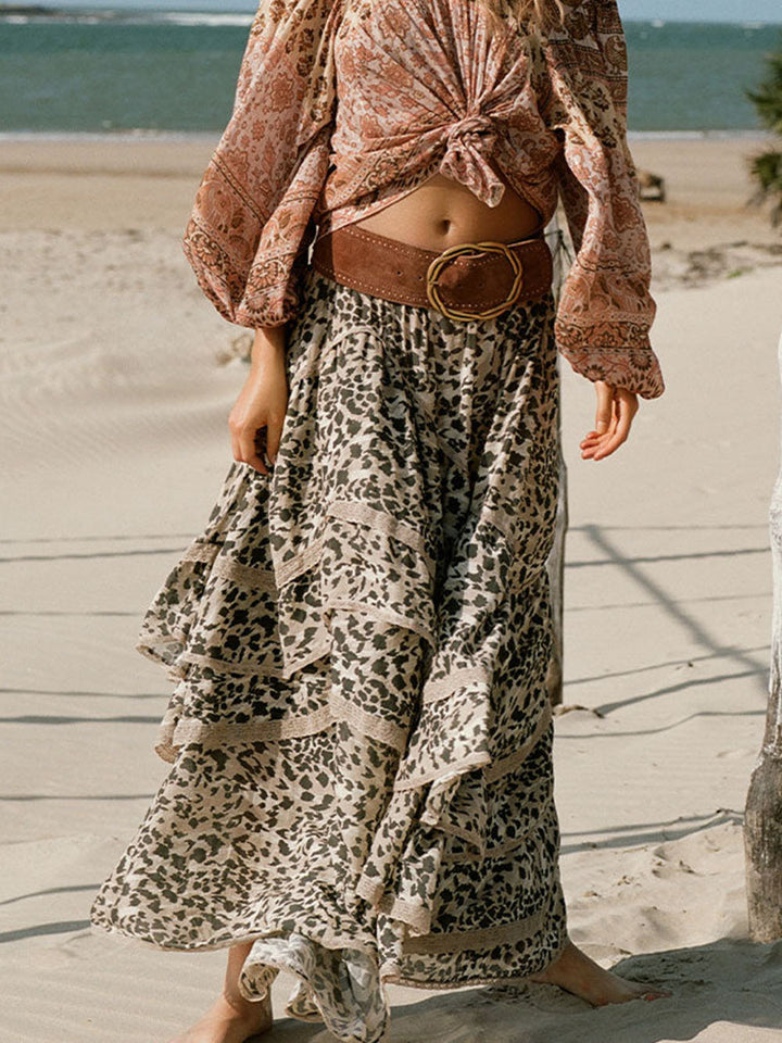 Vintage Leopard Print Ruffled Maxi Skirt