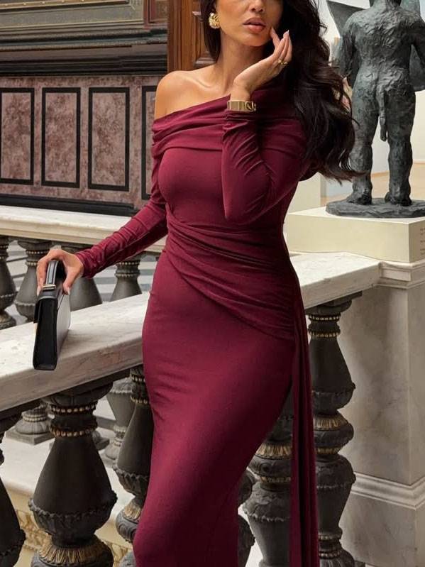 Slant Shoulder Ribbon Design Maxi Dress