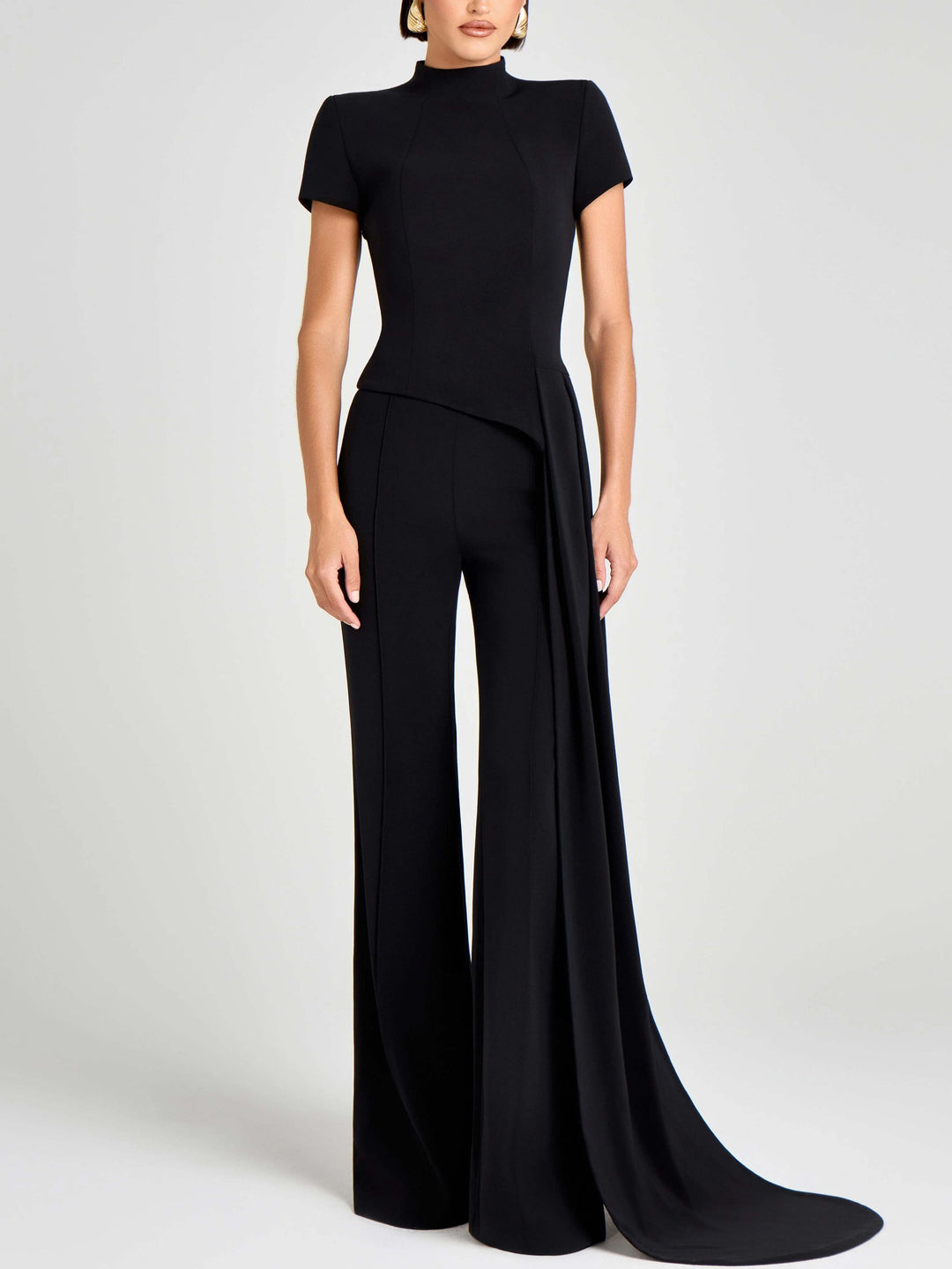 Half-high Collar Short Sleeve Ribbon Shirt And Pants Suit-Top