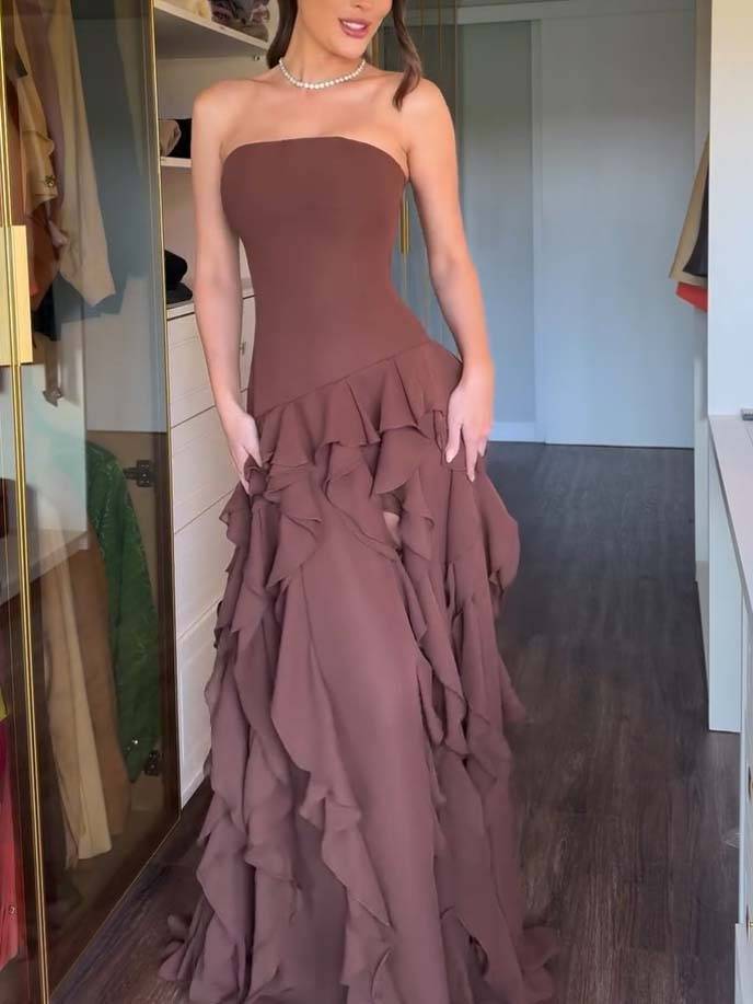 Tube Top Multi-layer Ruffled Side Slit Maxi Dress