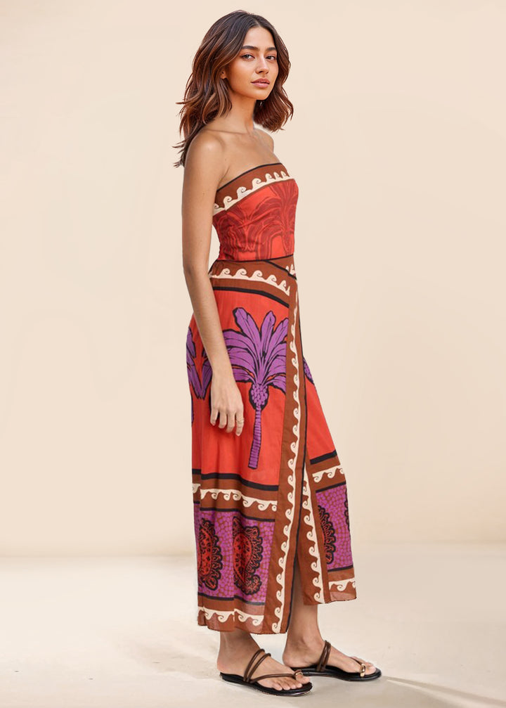 Unique Palm Tree Floral Off-Shoulder Midi Dress