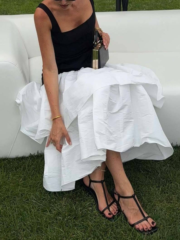 Color Contrast Square Collar Sling Double-Layer Ruffled Maxi Dress