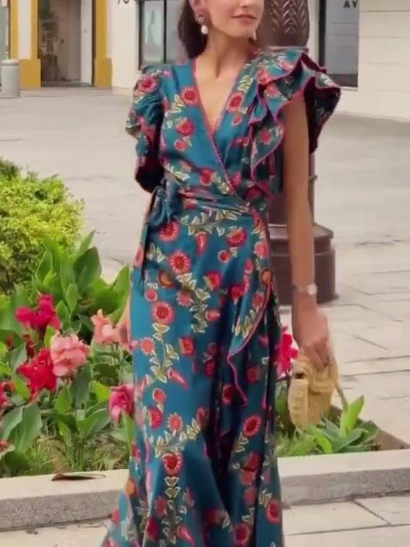 V-Neck Irregular Hem Printed  Dress