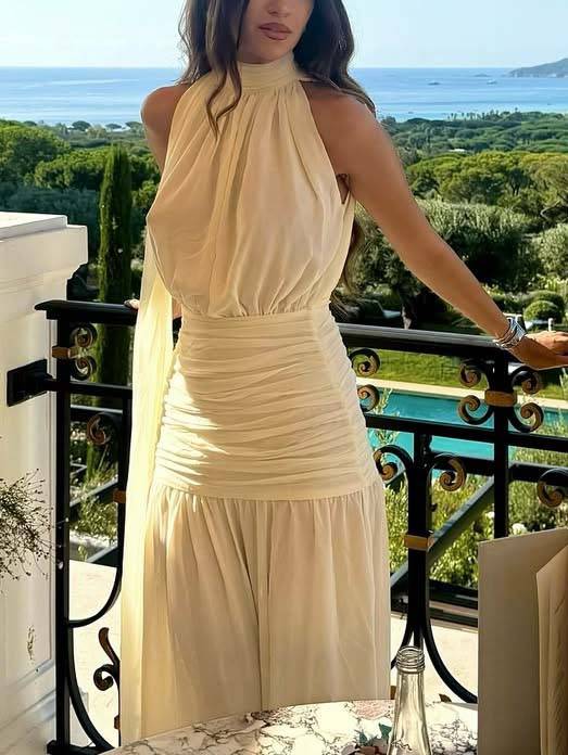 Romantic Scarf Waist Pleated Split Maxi Dress