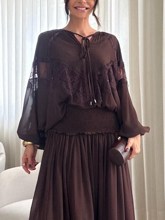 Elegant Lace-Panel Lantern Sleeve Chiffon Blouse