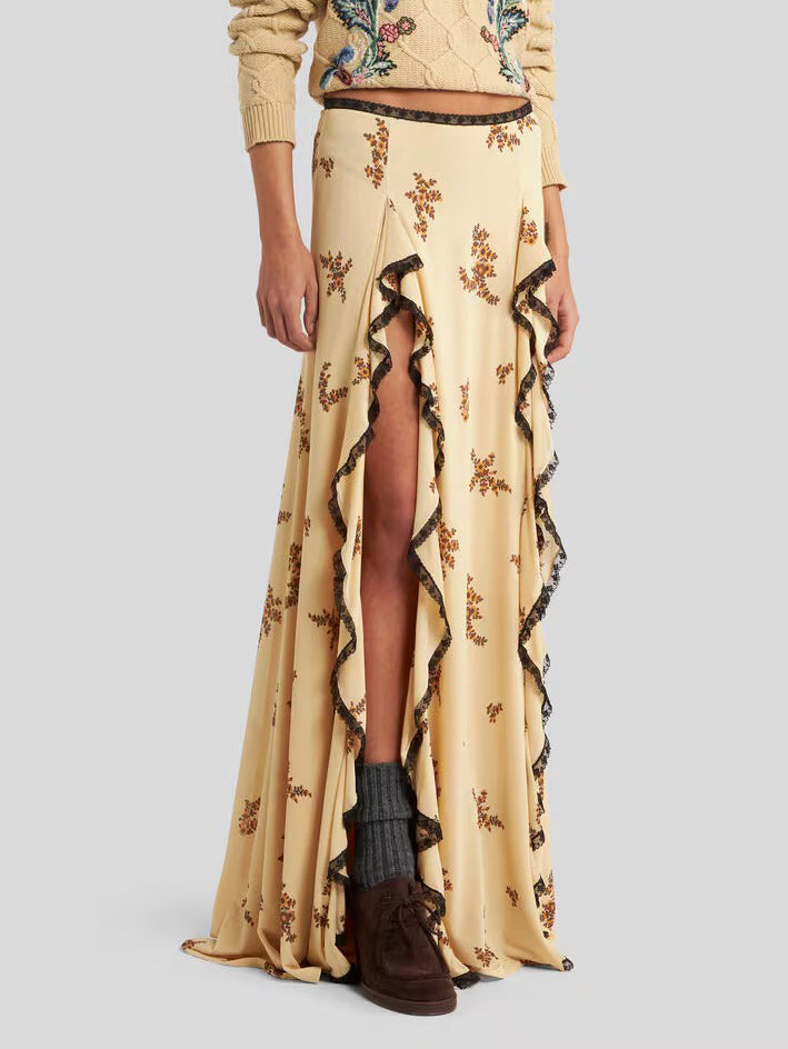 Exquisite Floral Print Pleated Lace Panel Skirt