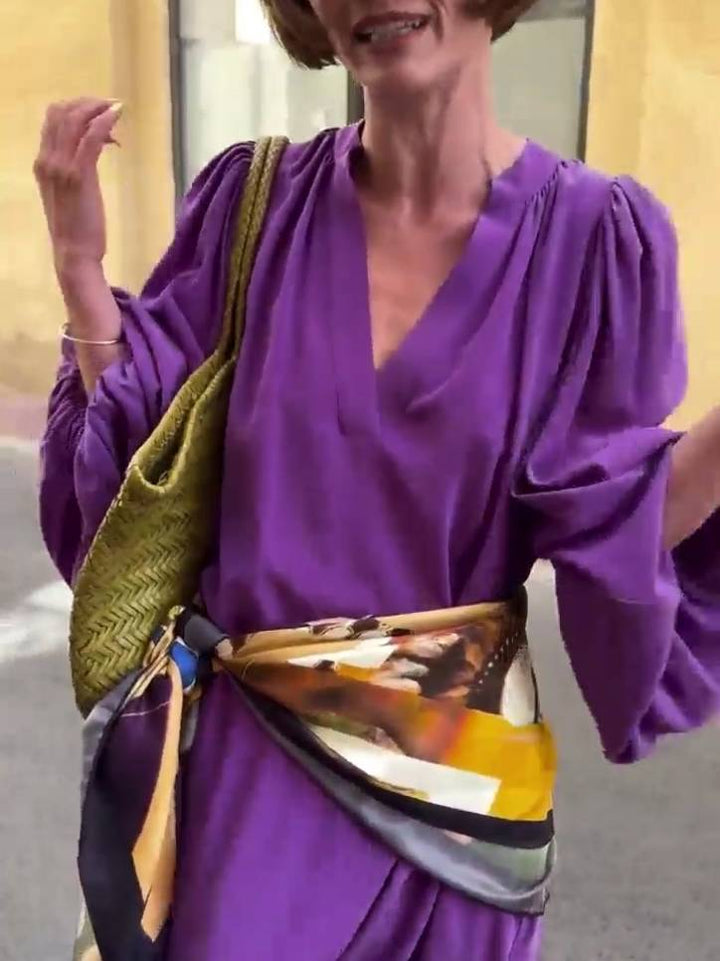 V-Neck Bubble Sleeve Slit Dress