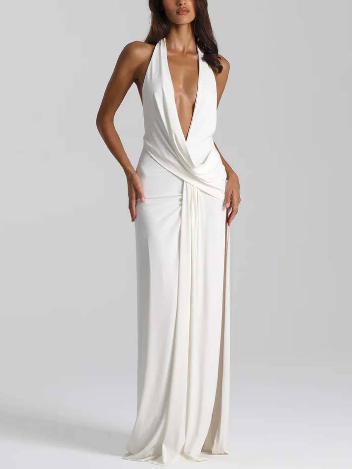 Sexy Deep V-neck Backless Side Slit Maxi Dress