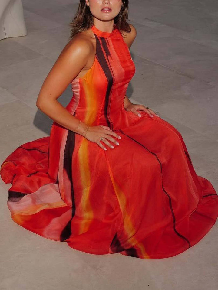 Vacation Style Colorful Halter Neck Maxi Dress