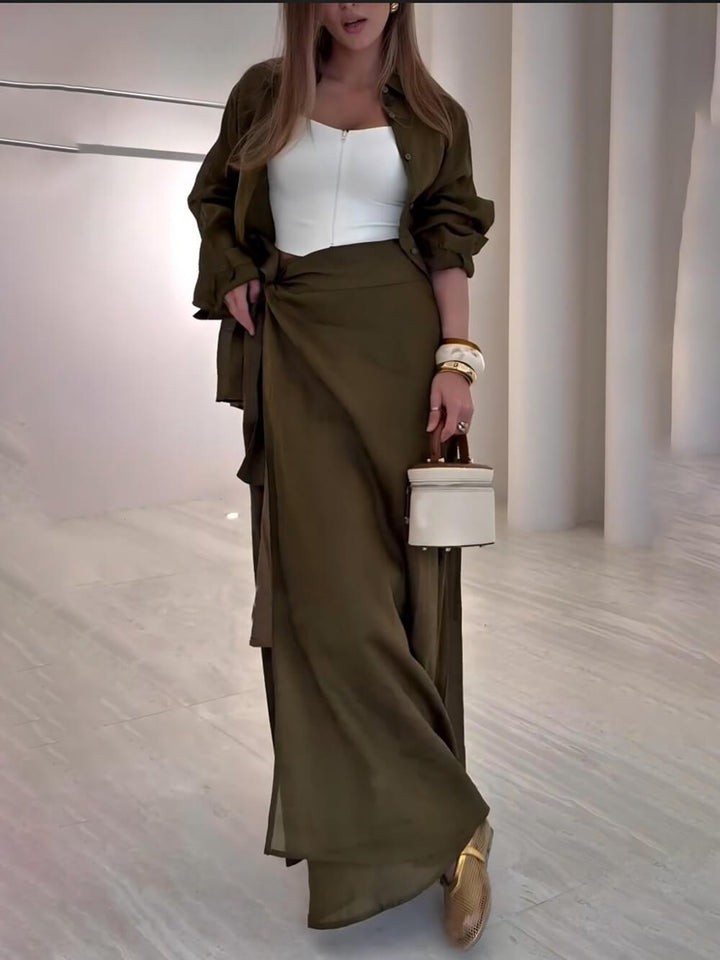 Casual Retro-Tone Tie-Waist High-Slit Maxi Skirt