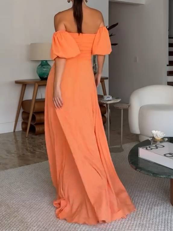 Pleated Tube Top Puff sleeves Maxi Dress