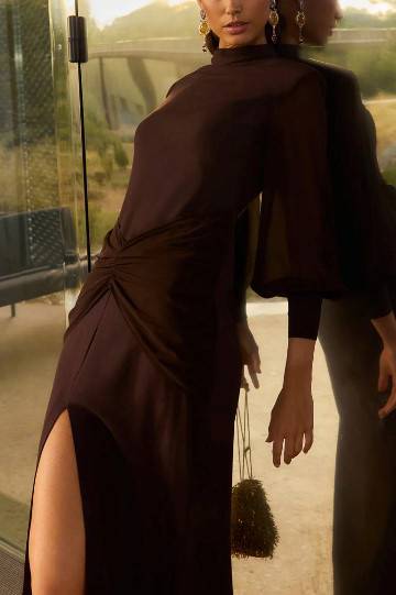 Pleated Front-Slit Fishtail Maxi Dress