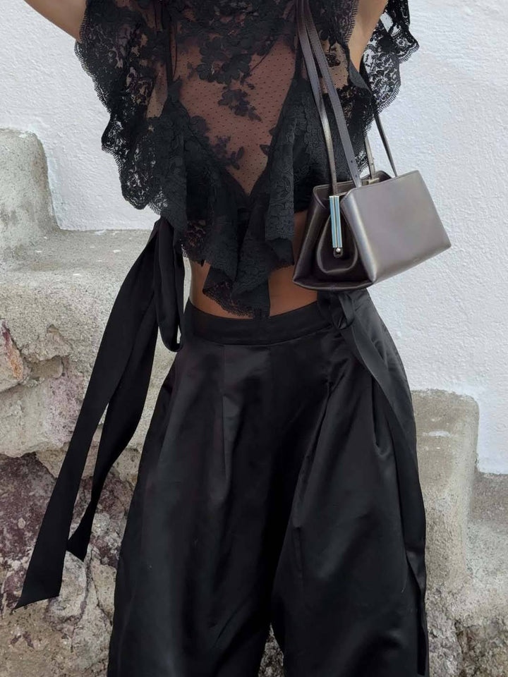 Lace Top And Wide Leg Pants Suit-Top