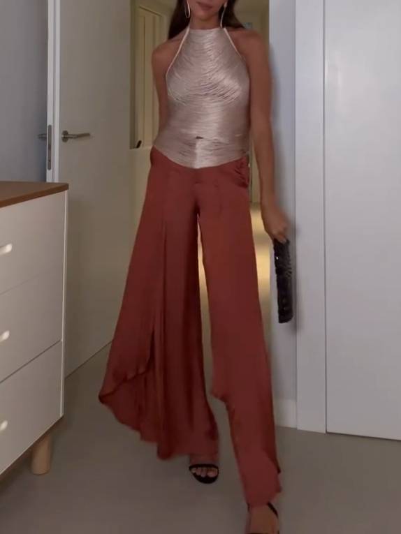 Vacation Style Tassel Top And Wide Leg Pants Suit-Top