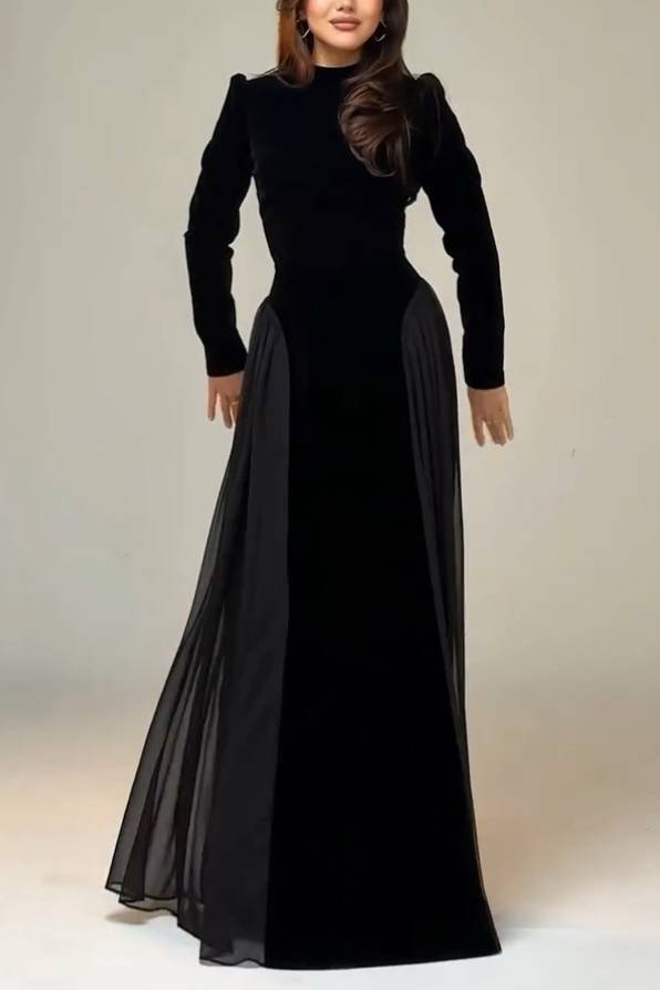 Velvet High-waisted A- Line Maxi Dress