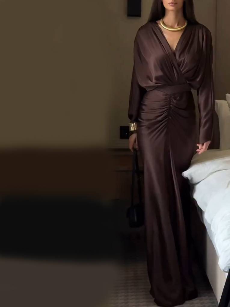 V-Neck Pleated Long Sleeve Maxi Dress