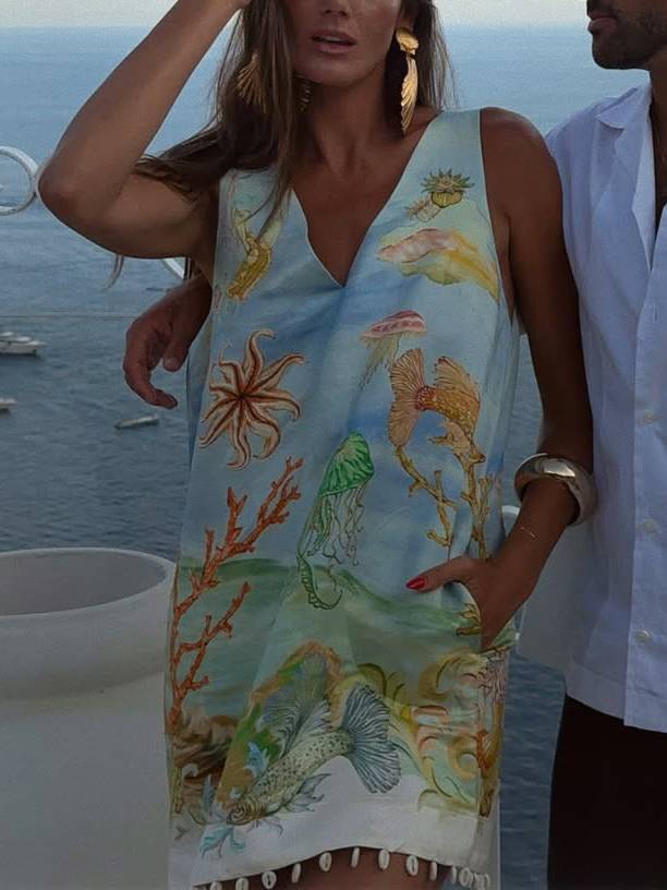 V-Neck Printed Mini Dress