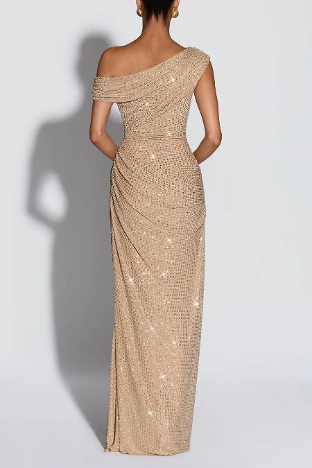 Off-Shoulder Shiny Pleated Maxi Dress