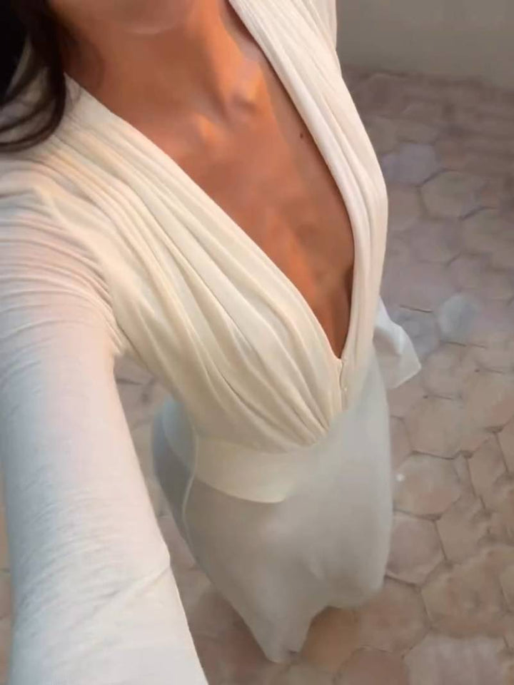Deep V-neck Semi-transparent Long Sleeve Maxi Dress