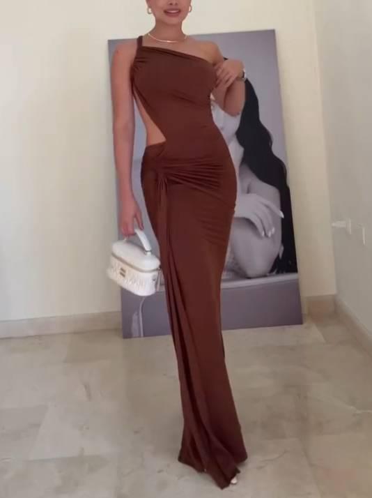 Unique Asymmetric Design Waist Hollow Backless Maxi Dress