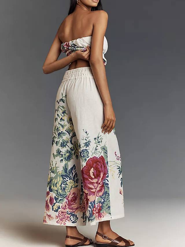 Floral Print Tube Top And Wide-Leg Pants Suit