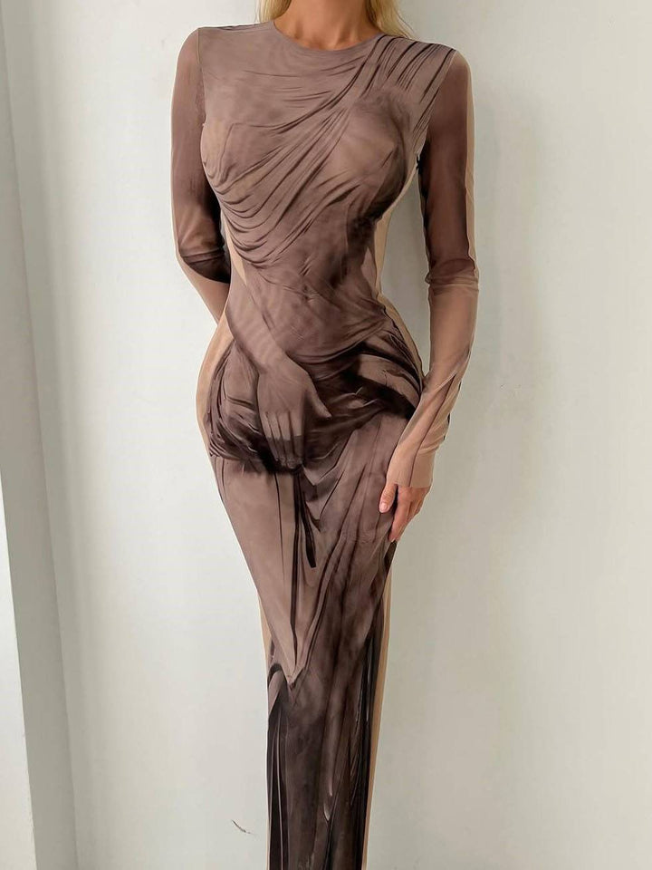 Printed Side Slit Long-Sleeved Maxi Dress