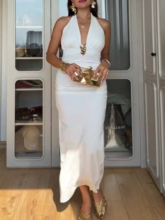Metal Decorative Deep V Neck Backless High Waist Pleated Back Slit Maxi Dress