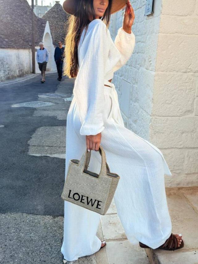 V-Neck Lace Up Shirt And Wide Leg Pants Suit-Pants