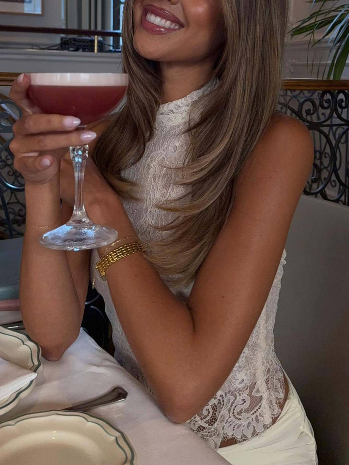 Halter Neck Lace Top And Slit Skirt Suit-Skirt