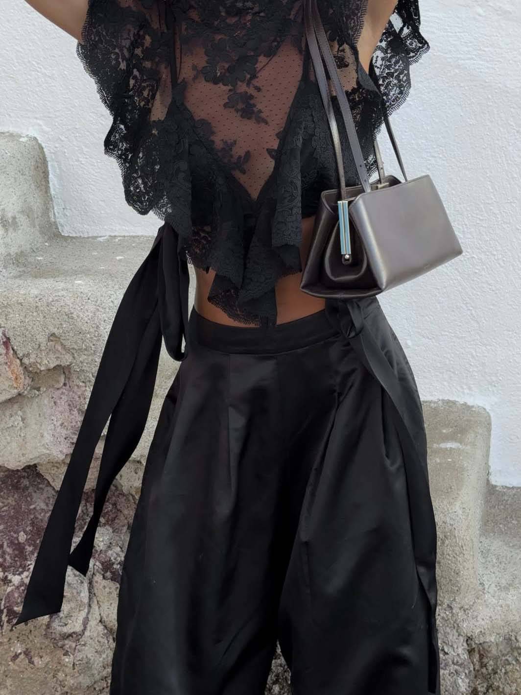 Lace Top And Wide Leg Pants Suit-Pants