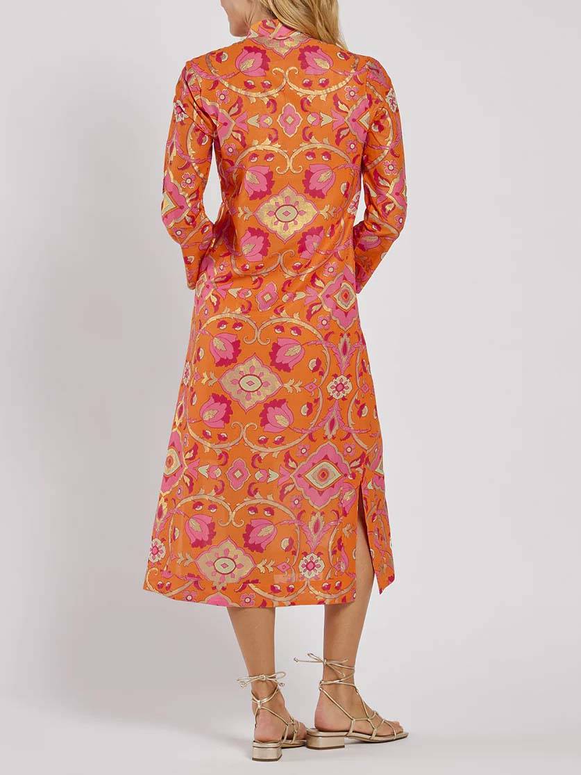 Stand Collar Printed Midi Dress