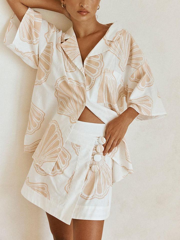 Exquisite Casual Scallop Print Shirt Skirt Two-piece Set