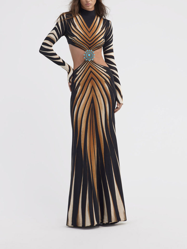 Gold Print Openwork Knit Maxi Dress