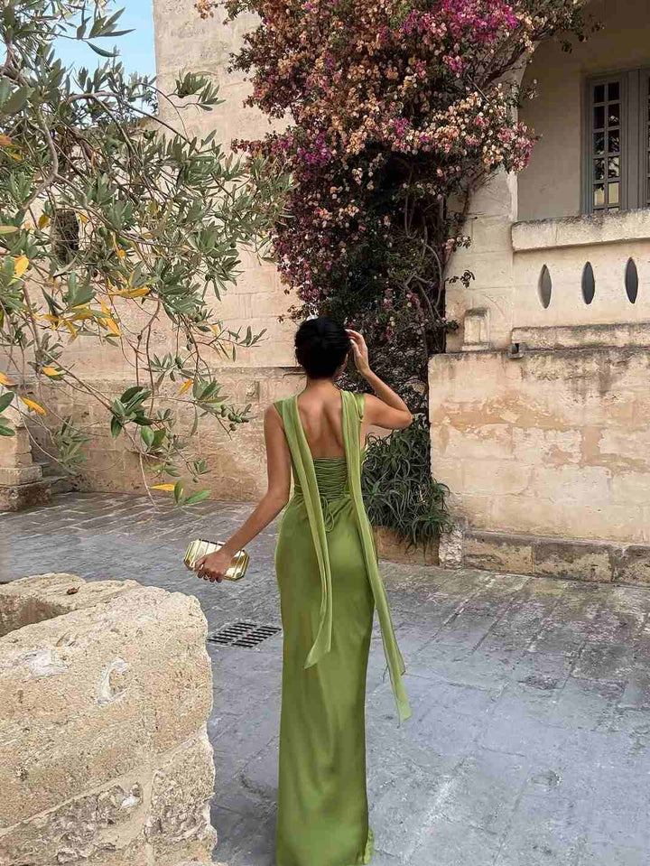 Pleated Sling Scarf Maxi Dress