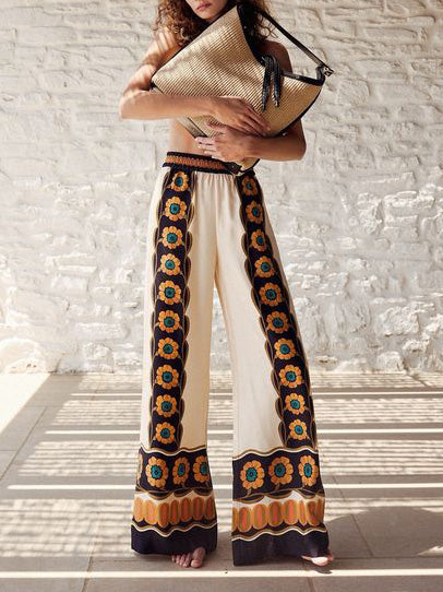 Satin Exquisite Flower Print Loose Wide-Leg Pants