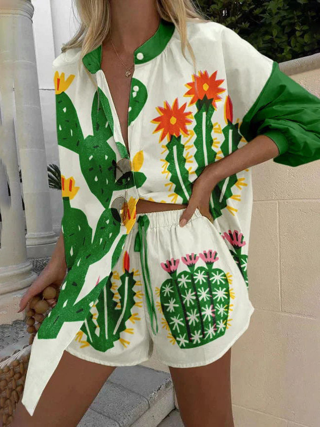 Unique Personality Tropical Cactus Print Shorts Two-piece Set