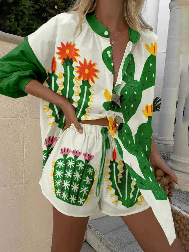 Unique Personality Tropical Cactus Print Shorts Two-piece Set